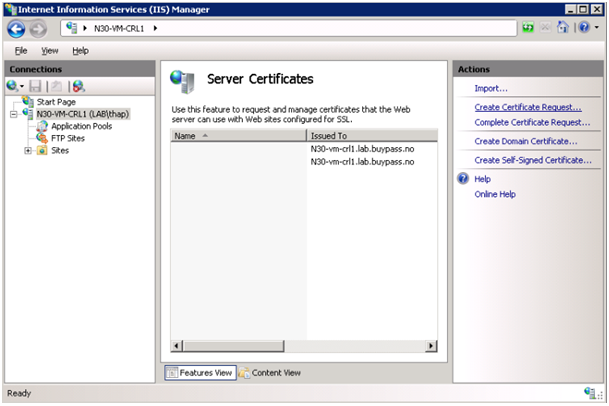 You select the server name in the left column, and then double click Server Certificates. When the window below appears, select Complete Certificate Request, which is located on the right side of the window (Actions).