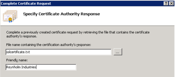 You have to specify the name and location of the text file. You can browse by using the <strong>...</strong> button. Additionally, you can give the certificate a <strong>Friendly Name</strong>.