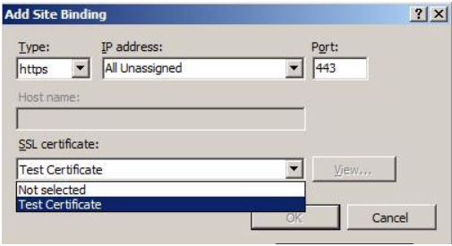 Select the type of connection and the SSL certificate you want to use. Select <strong>https</strong> as a connection type and port <strong>443</strong>. Then select the <strong>SSL certificate</strong>. Select <strong>OK</strong> to save.