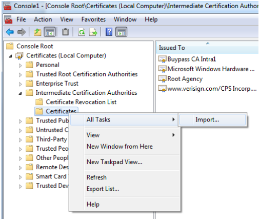 <strong>Additionally</strong>, you should install the issuing intermediate certificate, which can be done as follows:<br/><ol><li>Save the received intermediate certificate in a file.</li><li>Start MMC (Start, Run, mmc).</li><li>Add Certificate Manager Snap In (Computer account).</li><li>Right click on ‘Certificates’ under ‘Intermediate Certification Authorities’. Choose Import and select the certificate you saved.</li></ol>
