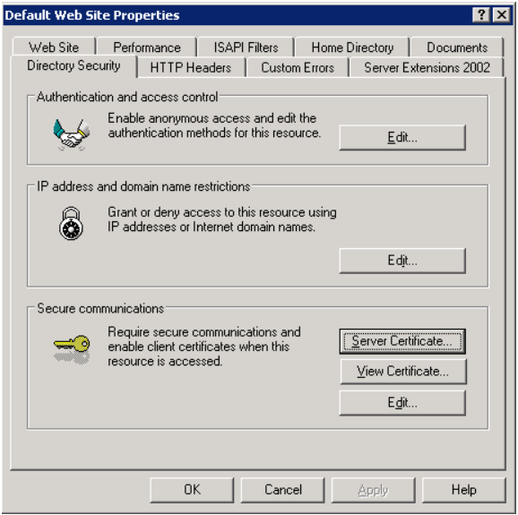 In the Properties window, select the tab Directory Security. Select Server Certificate which is located in Secure communications section.
